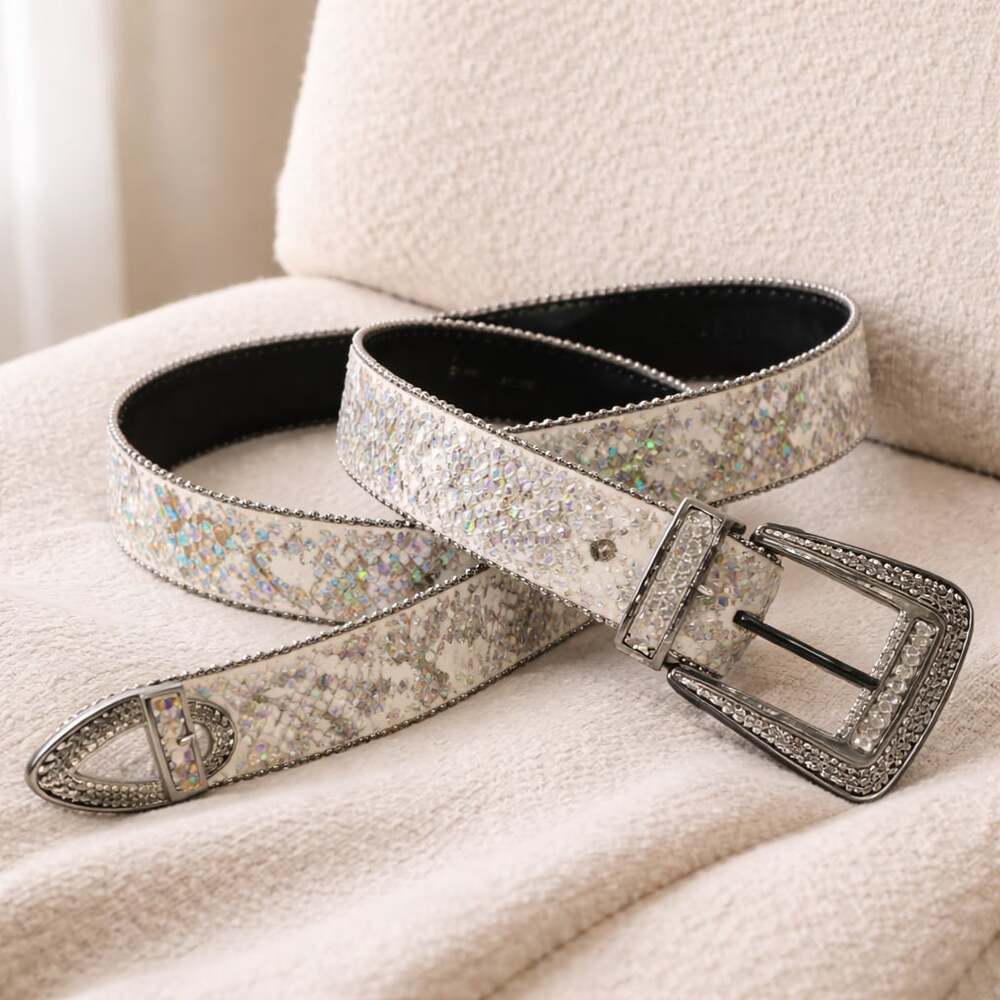 Y2K Glitter Western Belt‎ Silver Sparkle Studded Cowgirl USA L